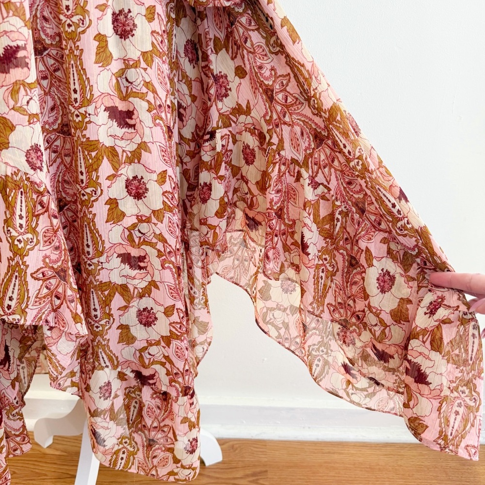 MISA VOLA PINK CREAM BROWN FLORAL RUFFLE ONE SHOULDER LONG SLEEVE MIDI DRESS - Picture 5 of 12